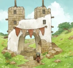  1girl arch black_hair boots boulder brown_boots cape cart clouds commentary day dirt_road flower full_body highres koki08186863 long_hair original outdoors road ruins solo string_of_flags tower tree wide_shot yellow_flower 