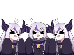  &gt;_&lt; 3girls black_dress braid braided_bangs closed_eyes commentary demon_horns dress eyebrows_hidden_by_hair fang fong_(fongthe0125) grey_hair hashtag-only_commentary highres hololive horns la+_darknesss la+_darknesss_(1st_costume) long_hair long_sleeves multicolored_hair multiple_girls multiple_persona open_mouth purple_hair short_eyebrows simple_background sleeves_past_fingers sleeves_past_wrists streaked_hair thick_eyebrows upper_body very_long_hair virtual_youtuber wavy_mouth white_background 