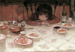  1girl absurdres arms_on_table black_hair bottle bowl chair chopsticks cup drinking_glass fish_(food) food grey_eyes head_down head_on_table head_rest highres indoors long_sleeves looking_at_viewer maomi_jita medium_hair nigirizushi noodles on_chair original own_hands_together parted_lips plate pov_across_table ramen red_shirt salt_shaker shirt signature sitting solo sushi table tablecloth wine_glass 