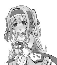 1girl :o absurdres artina_fialard_(yozakura_souki) bare_shoulders blunt_bangs blush bow breasts choker collarbone cowboy_shot detached_sleeves dress dutch_angle eyebrows_hidden_by_hair frilled_dress frills frown gloves greyscale hair_between_eyes hair_bow hair_intakes hair_ornament hair_ribbon hairband hand_on_own_arm head_tilt highres jewelry long_hair looking_at_viewer monochrome nose_blush open_mouth original puffy_sleeves ribbon sash sidelocks small_breasts solo standing strapless strapless_dress twintails two_side_up upper_body white_background wrist_cuffs yozakura_souki 