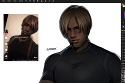  1boy aegyo_sal alternate_skin_color arabic_text art_program_in_frame artist_name black_eyes black_shirt brown_hair commentary compression_shirt covered_pectorals dark-skinned_male dark_skin darkened_skin english_commentary forehead highres large_pectorals leon_s._kennedy lips looking_at_viewer magma_(medium) magma_(software) middle_part nose parted_bangs pectorals photo_inset realistic reference_inset resident_evil resident_evil_4 shirt short_hair short_sleeves simple_background solo taut_clothes taut_shirt tear_troughs tight_clothes tight_shirt tiktok toned toned_male upper_body very_dark_skin very_short_hair white_background zombiyh 