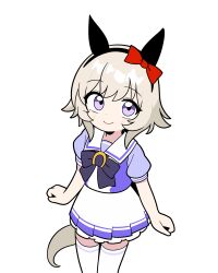  1girl absurdres animal_ears blonde_hair bow bow_hairband bowtie curren_chan_(umamusume) ear_covers hairband highres horse_ears horse_girl horse_tail jorang_(jorang08) pleated_skirt school_uniform short_hair short_sleeves skirt smile solo tail thigh-highs tracen_school_uniform umamusume violet_eyes 