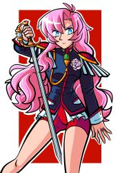  1girl absurdres bike_shorts black_jacket blue_eyes commentary english_commentary epaulettes highres holding holding_sword holding_weapon jacket jewelry long_hair ootori_gakuen_school_uniform outline panipancakes pink_hair red_shorts ring school_uniform shorts shoujo_kakumei_utena solo standing sword tenjou_utena weapon white_outline 