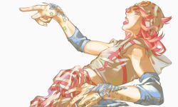  1boy armband beanie blue_armband bun6758 clothes_around_waist comic_cover_redraw commentary derivative_work fingernails grey_hat grey_hoodie hashtag-only_commentary hat highres hood hood_down hoodie horseshoe_hat_ornament horseshoe_ornament johnny_joestar jojo_no_kimyou_na_bouken leaning_back male_focus medium_hair open_mouth pink_eyes pink_hair pink_lips pointing simple_background sleeveless sleeveless_hoodie solo star_(symbol) star_print steel_ball_run white_background 