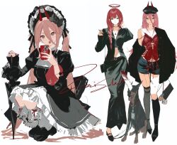  2girls :o absurdly_long_hair alternate_costume asymmetrical_legwear bandeau black_choker black_dress black_jacket black_ribbon black_skirt black_umbrella blue_bandeau bonnet braid chainsaw_man choker denim denim_shorts dobermann dress flat_cap frilled_socks frills gongc59826 gothic_lolita hair_between_eyes hair_ribbon halo hat head_tilt highres jacket jewelry loafers lolita_fashion long_hair long_sidelocks long_skirt looking_at_viewer makima_(chainsaw_man) mirror_selfie multiple_girls multiple_views orange_eyes pendant pink_hair power_(chainsaw_man) puffy_sleeves red_hair red_halo ribbon selfie shoes shorts side_braid sidelocks signature single_off_shoulder skirt smile socks squatting twintails umbrella uneven_legwear very_long_hair wide_sleeves yellow_eyes 