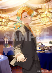  1boy alternate_costume animal_on_head ballroom chandelier commentary_request copyright_notice cowboy_shot gradient_eyes gradient_hair green_eyes green_hair grey_suit grin indoors isamu kirin-chan_(usami_rito) long_sleeves looking_at_viewer male_focus multicolored_eyes multicolored_hair necktie nijisanji official_art on_head orange_eyes orange_hair orange_necktie outstretched_hand plate sample_watermark smile sparkle suit tablecloth tiered_tray usami_rito virtual_youtuber watermark 