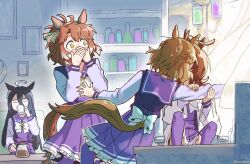 4girls agnes_tachyon_(umamusume) ahoge animal_ears averting_eyes black_hair blush braid brown_hair closed_curtains coffee coffee_mug commentary_request completely_unamused covering_own_mouth cup curtains dantsu_flame_(umamusume) drinking erlenmeyer_flask flask flipped_hair frilled_skirt frills hair_between_eyes half_up_braid hand_over_own_mouth highres holding holding_cup horse_ears horse_girl horse_tail indoors intravenous_drip jam_(umamusume) jungle_pocket_(umamusume) kiss korean_commentary lab_coat long_hair_between_eyes long_sleeves looking_at_another manhattan_cafe_(umamusume) mazu1kan medium_hair medium_skirt mug multiple_girls nervous_sweating nose_blush over-kneehighs pleated_skirt ponytail purple_sailor_collar purple_serafuku purple_shirt purple_skirt purple_thighhighs sailor_collar school_uniform serafuku shirt short_hair sitting skirt sweat tail thigh-highs tracen_school_uniform umamusume umamusume:_beginning_of_a_new_era unamused winter_uniform yellow_eyes yuri 