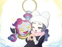  +++ 1girl ;d ansha_(pokemon) black_coat coat commentary doughnut eyelashes food hands_up happy hat highres holding holding_donut holding_food hoopa hoopa_(confined) long_hair long_sleeves one_eye_closed open_mouth pink_scarf pokemon pokemon_(creature) pokemon_legends:_z-a scarf smile teeth tongue trisia_3 upper_teeth_only white_hat 