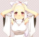  1_mutsuki 1girl adjusting_hair animal_ears arms_up blush breasts detached_sleeves eyebrows forehead hat inubashiri_momiji large_breasts red_eyes short_hair smile solo tail tokin_hat touhou white_hair wolf_ears wolf_tail 