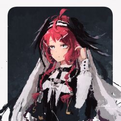  1girl ahoge arknights blush border braid closed_mouth commentary glint gracebearer_(arknights) grey_eyes hand_up head_wings highres jewelry long_hair long_sleeves outside_border red_hair ring rnna side_braid solo white_border wings 