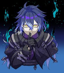  ahoge antenna_hair bags_under_eyes black_coat blue_fire coat collared_capelet collared_coat crossed_bangs finger_to_mouth fire flins_(genshin_impact) genshin_impact high_collar highres huge_ahoge upper_body 