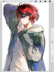  1boy art_program_in_frame black_hair black_jacket blue_eyes drawstring drinking hair_between_eyes highres holding holding_juice_box hood hood_down hoodie jacket jacket_over_hoodie juice_box male_focus multicolored_hair open_clothes open_jacket procreate_(medium) procreate_(software) red_hair sanpaku short_hair sleeves_past_wrists solo streaked_hair sumino_takumi the_hundred_line_-last_defense_academy- two-tone_hair upper_body variant_set white_hoodie yanrenxi20831 