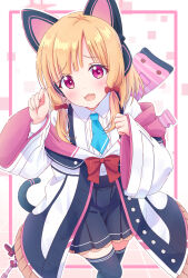  1girl animal_ear_headphones animal_ears battle_rifle black_jacket black_skirt black_tail black_thighhighs blonde_hair blue_archive blue_necktie blush bow buttons cat_ear_headphones cat_ears cat_tail chinese_commentary collared_shirt commentary_request curled_fingers dress_shirt fake_animal_ears fake_tail feet_out_of_frame frilled_jacket frilled_skirt frills gun h&amp;k_g3 hair_bow halo hands_up headphones highres jacket long_sleeves looking_at_viewer low-tied_sidelocks medium_hair momoi_(blue_archive) multicolored_jacket necktie off_shoulder open_mouth outline parted_bangs pink_background pink_eyes pink_halo pink_jacket pleated_skirt raised_inner_eyebrows red_bow rifle school_uniform shirt sidelocks skirt smile solo suspender_skirt suspenders tail thigh-highs unbuttoned weapon white_background white_jacket white_outline white_shirt wide_sleeves x-6 