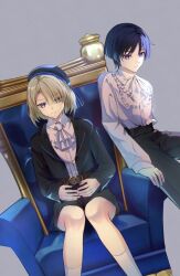  2boys absurdres belt beret black_hair black_hat black_jacket black_pants black_shorts blonde_hair blue_eyes chair closed_mouth freminet_(genshin_impact) genshin_impact hat highres jacket long_sleeves male_focus multiple_boys namimenou pants scaramouche_(genshin_impact) shirt short_hair shorts smile socks violet_eyes white_shirt white_socks 