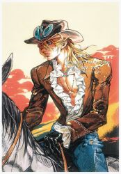  1boy araki_hirohiko_(style) black_gloves blonde_hair blue_eyes border brown_hat commentary cowboy_hat denim diego_brando dim_7976 frilled_shirt frills gloves hair_between_eyes hair_over_one_eye hashtag-only_commentary hat highres horse horseback_riding jeans jewelry jojo_no_kimyou_na_bouken looking_ahead male_focus medium_hair necklace pants parted_lips riding shirt solo steel_ball_run sunset symbol-only_commentary watermark white_border 