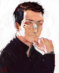  1boy bandaid bandaid_on_face bandaid_on_forehead bandaid_on_nose black_hair black_shirt collared_shirt ctkcave earrings facial_hair goatee hand_on_own_chin injury jewelry looking_to_the_side male_focus mature_male original parted_hair portrait shirt short_hair simple_background smirk solo watch watch white_background white_eyes wristwatch_over_clothes 