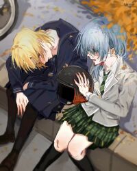  2girls aayoii_00 asahi_rokka autumn_leaves bang_dream! black_pantyhose black_socks blonde_hair blue_hair blue_serafuku brown_shoes commentary diagonal-striped_clothes diagonal-striped_necktie glasses green_eyes green_necktie green_skirt haneoka_school_uniform hashtag-only_commentary helmet highres kneehighs leaf long_hair multiple_girls necktie open_mouth pantyhose pleated_skirt sato_masuki school_uniform serafuku shoes short_hair sitting skirt socks striped_clothes 