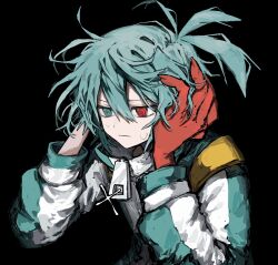  1boy @_@ aqua_eyes aqua_hair aqua_jacket black_background commentary_request glint griffon0416 hands_on_own_head heterochromia highres jacket male_focus puyopuyo red_eyes short_hair sig_(puyopuyo) simple_background solo sweatdrop upper_body 