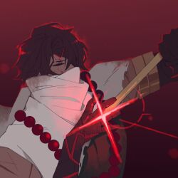  1boy armlet bead_necklace beads brown_hair cape closed_eyes dark-skinned_male dark_skin e.g.o_(project_moon) gradient_background green_shirt hands_up heathcliff_(project_moon) highres human_scabbard jewelry limbus_company mercuryhx necklace project_moon shirt sleeveless sleeveless_shirt solo upper_body white_cape ya_sunyata_tad_rupam_(e.g.o) 