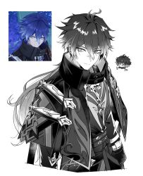  1boy antenna_hair belt capelet chibi chibi_inset coat collared_capelet commentary_request crossed_bangs flins_(genshin_impact) flywinga7 game_screenshot_inset genshin_impact greyscale hair_between_eyes high_collar highres long_hair male_focus monochrome no_pupils signature upper_body white_background 
