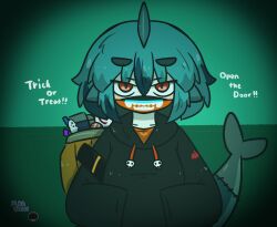  1girl black_hoodie blue_hair candy character_name commentary_request drawstring english_text fins fish_tail food fuka-chan hair_between_eyes halloween hands_in_pocket highres hood hood_down hoodie lollipop long_sleeves looking_at_viewer mask mouth_mask no_i'm_not_a_human original puffy_long_sleeves puffy_sleeves red_eyes sea_urchin shark_tail short_eyebrows skull solo stitches swirl_lollipop tail thick_eyebrows trick_or_treat uni_souchou upper_body 