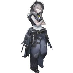  1girl arknights bandaged_arm bandaged_wrist bandages belt_pouch black_hairband black_hoodie braid brown_eyes brown_hair child closed_mouth cropped_hoodie crossed_arms demon_girl demon_horns expressionless full_body hair_between_eyes hairband head_tilt hood hood_down hoodie horns long_hair looking_at_viewer official_art pointy_ears pouch shirt simple_background sleeveless sleeveless_hoodie sleeveless_shirt solo standing tachi-e third-party_source transparent_background twin_braids white_shirt 