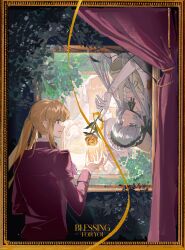  2girls 2others absurdres androgynous blonde_hair bonnet border bush clair_vaux_bernardus curtains dress elbow_gloves english_text flower frilled_bonnet frills gloves grey_eyes highres jacket jinxiaoyimeng long_hair long_sidelocks looking_at_another looking_at_viewer multiple_girls multiple_others ponytail profile red_jacket ribbon rose rotational_symmetry shannon_(umineko) sidelocks umineko_no_naku_koro_ni upper_body upside-down ushiromiya_lion white_gloves white_hair yasu_(umineko) yellow_border yellow_dress yellow_flower yellow_ribbon yellow_rose 