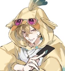  1boy alternate_costume aventurine_(honkai:_star_rail) aventurine_(origami_bird)_(honkai:_star_rail) beak between_fingers bird_costume blonde_hair blue_eyes card closed_mouth collarbone commentary crossed_bangs earrings fingernails glasses hair_between_eyes half-closed_eyes hand_up hashtag-only_commentary highres holding holding_card honkai:_star_rail honkai_(series) jewelry lips long_sleeves looking_at_viewer male_focus multicolored_eyes nasu_nasu7777 necklace pink-tinted_eyewear pink_eyes playing_card puffy_long_sleeves puffy_sleeves short_hair simple_background single_earring smile solo sunglasses tinted_eyewear upper_body white_background yellow-framed_eyewear 