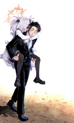  1boy 1girl absurdres arms_around_neck bags_under_eyes black_dress black_eyes black_hair black_pants black_pantyhose black_shoes black_skirt black_suit black_thighhighs blue_archive blue_necktie blush brown_eyes brown_halo carrying collared_shirt commentary_request dress excited full_body grabbing_another&#039;s_ass groping hair_bobbles hair_intakes hair_ornament hair_over_one_eye halo highres holding holding_another&#039;s_thighs hug hug_from_behind jewelry kanoe_(blue_archive) layered_clothes layered_sleeves loafers long_hair long_sleeves looking_at_another loose_necktie messy_hair mojyo multicolored_eyes multicolored_necktie nakamobu neck_ribbon necktie on_ground open_mouth pants pantyhose piggyback pinafore_dress puffy_sleeves ribbon ring school_uniform sensei_(blue_archive) shadow shirt shoes short_hair skirt sleeveless sleeveless_dress sleeves_past_wrists smile speech_bubble suit surprised textless_version thigh-highs two-tone_eyes two_side_up walking wavy_mouth white_hair white_necktie white_shirt white_sleeves 