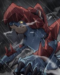  absurdres blue_claws blue_skin claws colored_sclera colored_skin crocodilian fangs feraligatr fergoart glowing glowing_eyes highres hood hood_up mega_feraligatr mega_pokemon no_humans pokemon pokemon_(creature) pokemon_focus rain sharp_teeth solo spikes teeth yellow_eyes yellow_sclera 