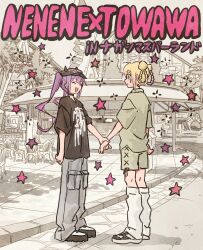  2girls alternate_costume black_hat black_shirt black_shoes blonde_hair braid braided_hair_rings cargo_pants character_name choker closed_eyes commentary_request day facing_another from_side green_eyes grey_pants hair_bun hair_rings hat highres holding_another&#039;s_wrist holding_hands hololive horned_hat leg_warmers long_hair looking_at_another momosuzu_nene multiple_girls open_mouth outdoors pants platform_shoes print_shirt purple_hair shirt shoes shorts sidelocks smile standing star_(symbol) tauyoshi728 tokoyami_towa translation_request twintails virtual_youtuber white_leg_warmers 