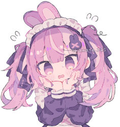 1girl animal_ears artist_name flying_sweatdrops hair_ornament hands_on_own_cheeks hands_on_own_face hands_up highres kanamochi_kanato long_hair long_sleeves looking_at_viewer maid maid_headdress open_mouth original pink_hair rabbit_ears rabbit_hair_ornament simple_background solo twintails twitter_username upper_body watermark white_background 