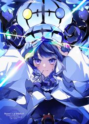  1girl black_dress black_hair blue_eyes blue_gloves blunt_bangs blush bob_cut chandelier chandelure closed_mouth coat crown dress fire gloves glowing gradient_hair gwynn_(pokemon) hat heterochromia highres long_sleeves looking_at_viewer mega_chandelure mega_pokemon mismatched_eyes multicolored_hair open_clothes open_coat partially_fingerless_gloves pokemon pokemon_(creature) pokemon_legends:_z-a purple_fire purple_hair short_hair to_camellia upper_body violet_eyes white_coat yellow_eyes 