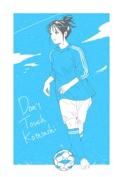  1girl ball blue_theme border commentary_request copyright_name full_body highres kitahara_aoba monochrome outside_border parted_lips sawaranaide_kotesashi-kun shinjou_takuya shirt shoes shorts soccer_ball soccer_uniform socks solo sportswear white_border wispy_bangs 