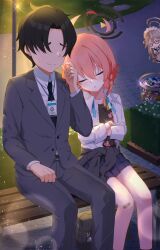  1boy 2girls ^_^ ahoge akane_(blue_archive) apron aris_(blue_archive) backlighting bandaid bandaid_on_knee bandaid_on_leg bench black_hair black_halo black_necktie black_shirt black_skirt blue_archive blush braid brown_hair brown_halo bush character_doll cherry_blossom_print chibi chibi_inset clenched_hand closed_eyes closed_mouth clothes_around_waist collared_shirt commentary_request crossed_arms doll eyelashes faceless faceless_male feet_out_of_frame floral_print floral_print_shirt furrowed_brow glasses glint grey_pants grey_suit hair_between_eyes halo hand_up highres holy-san_(makuu) huge_ahoge id_card lamppost leaning_on_person light_particles long_hair long_sleeves maid maid_apron maid_headdress millennium_science_school_logo miniskirt mole mole_under_each_eye mole_under_eye multiple_girls multiple_moles necktie neru_(blue_archive) neru_(school_uniform)_(blue_archive) night official_alternate_costume on_bench orange_hair outdoors pants parted_bangs peeking_out pleated_skirt print_shirt sensei_(blue_archive) shirt short_hair side-by-side single_braid sitting skirt sleeping smile sparkle split_mouth suit thick_eyebrows trash_can white_shirt 