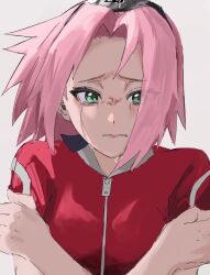  biting_own_lip crying crying_with_eyes_open dress green_eyes haruno_sakura highres holding_own_arm konohagakure_symbol looking_at_viewer naruto_(classic) naruto_(series) pink_hair red_dress short_hair short_sleeves streaming_tears tears upper_body utxtu_oo1013 white_background zipper_pull_tab 