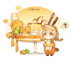  1girl ? animal_costume apple apple_slice artist_name blonde_hair blush bow braid candy chibi chibi_only chinese_commentary closed_mouth commentary_request food fruit full_body hair_bow highres holding holding_candy holding_food ichisaku long_hair orange_bow orange_eyes original pineapple pudding solo spoken_question_mark standing tanuki_costume twin_braids white_background wrapped_candy 
