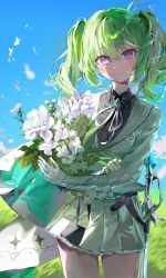  1girl black_shirt blue_sky blush bouquet closed_mouth collared_shirt commentary cowboy_shot day field flower gauntlets green_hair hair_between_eyes hand_on_own_arm highres holding holding_bouquet jacket long_bangs long_hair long_sleeves looking_at_viewer miniskirt neck_ribbon outdoors pleated_skirt ribbon ribbon2hushyams shirt single_gauntlet skirt sky smile solo standing stellive straight-on sword symbol-only_commentary twintails violet_eyes virtual_youtuber weapon white_flower white_jacket white_ribbon white_skirt wing_collar yuzuha_riko 