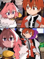  1girl 2boys absurdres astolfo_(fate) barrel black_jacket black_pants black_shirt blue_sky bongftah breasts fate/grand_order fate_(series) fern_(sousou_no_frieren) frown fur_jacket hair_branch highres jacket large_breasts long_hair medium_hair multiple_boys open_mouth outdoors pants pink_hair purple_hair red_eyes red_shirt shadow shirt short_hair sky sousou_no_frieren stark_(sousou_no_frieren) sweat trap violet_eyes 