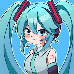  1girl :3 absurdres aqua_eyes aqua_hair aqua_necktie blue_background blush charuu closed_mouth detached_sleeves grey_shirt hair_ornament hatsune_miku headset highres long_hair looking_at_viewer necktie outline shirt sleeveless sleeveless_shirt smile solo twintails upper_body vocaloid 