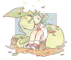  1girl bayleef blue_hair diglett full_body green_eyes hat jacket katiko kris_(pokemon) leaf long_hair long_sleeves looking_at_another one_eye_closed pokemon pokemon_(creature) pokemon_gsc red_shirt shirt shoes simple_background sitting twintails white_background white_jacket white_shoes yellow_hat 