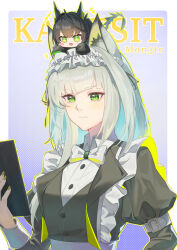  +++ 2girls arknights arm_belt belt belt_buckle black_hair black_jacket black_vest blue_hair bow bowtie buckle buttons character_name chibi collared_shirt colored_inner_hair commentary english_commentary fingernails frills green_eyes green_nails grey_hair halftone halftone_background highres holding jacket juliet_sleeves kal&#039;tsit_(arknights) long_sleeves maid medium_hair mon3tr_(arknights) multicolored_hair multiple_girls nail_polish official_alternate_costume outline puffy_sleeves shirt sleeve_belt sleeve_garter sy509 traditional_bowtie upper_body vest waistcoat white_belt white_bow white_bowtie white_shirt yellow_outline 