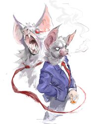  1boy absurdres alternate_form animal_ears bat_boy bat_ears black_pants blue_suit chloraide cigarette closed_mouth cup dispatch english_commentary fangs glowing glowing_eyes highres holding holding_cup male_focus necktie no_pupils open_mouth pants red_eyes red_necktie smoke smoking sonar_(dispatch) suit white_background white_eyes 