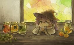  1girl arms_on_table black_hat bracelet bright_pupils crossed_arms food fruit hat hat_ornament head_rest highres indoors jar jewelry koki08186863 long_hair long_sleeves original peach purple_hair robe sitting solo stained_glass star_(symbol) star_hat_ornament strawberry table upper_body white_robe witch_hat 