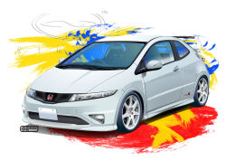  2025 abstract_background artist_name car commentary_request copyright_notice dated honda honda_civic honda_civic_type_r license_plate logo motor_vehicle nimbus_goldbrum no_humans original product_placement realistic right-hand_drive shadow simple_background spoiler_(automobile) steering_wheel vehicle_focus watermark white_background white_car 