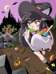  1girl animal_ear_piercing animal_ears bat_(animal) black_boots black_hair blue_eyes blush_stickers boots bucket candy castle commentary_request cookie crescent_moon dog_ears dog_girl fang fishnet_socks fishnets fleeing food frankenstein frankenstein's_monster full_body grey_jacket halloween halloween_bucket hat highres holding holding_bucket holding_candy holding_food holding_lollipop itsumeee3 jacket kmnz lollipop long_sleeves looking_back monster moon mummy nero_(kmnz) night outdoors purple_sky running short_hair skin_fang sky small_sweatdrop socks solo_focus swept_bangs swirl_lollipop virtual_youtuber witch_hat zombie 