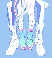  2girls between_legs blue_background blue_boots boots commentary horse_girl horse_tail invisible_chair korean_commentary leg_focus multiple_girls nooctadesu oguri_cap_(starlight_beat)_(umamusume) oguri_cap_(umamusume) pants red_socks simple_background sitting socks standing tail tamamo_cross_(umamusume) tamamo_cross_(with_lightning_speed)_(umamusume) umamusume white_boots white_pants yuri 