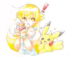  ! +_+ 1girl apron back_bow black_eyes blonde_hair bow bow_apron box bracelet collarbone cropped_torso cupping_hands diglett dot_nose doughnut drooling excited fang flat_chest flipped_hair food food_on_head hair_between_eyes hair_flaps hand_to_own_mouth hands_up highres jewelry long_hair loose_hair_strand monogatari_(series) mouth_drool object_on_head oshino_shinobu own_hands_together pikachu pointy_ears red_bow sidelocks signature skin_fang sparkle sparkling_eyes taste_colorful very_long_hair white_apron yellow_eyes 