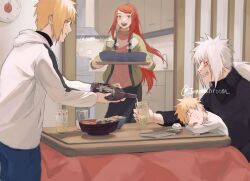  1girl 3boys black_skirt black_sweater blonde_hair blue_pants bottle bowl child crossed_arms cup facial_mark father_and_son grey_hair grey_jacket grin hair_between_eyes hair_ornament hairclip highres holding holding_bottle holding_cup holding_tray hood hood_down hoodie husband_and_wife indoors jacket jenmushroom jiraiya_(naruto) kitchen light_smile long_hair long_skirt low_ponytail mother_and_son multiple_boys namikaze_minato naruto_(series) open_mouth pants parted_lips pink_sweater ponytail pouring red_hair shirt short_hair sitting sitting_on_lap sitting_on_person skirt sleeping smile spiky_hair sweater swept_bangs teeth tray turtleneck turtleneck_sweater twintails uzumaki_kushina uzumaki_naruto whisker_markings white_hoodie white_shirt 