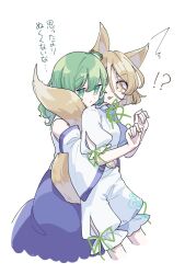  !? 2girls animal_ears bare_shoulders cropped_legs detached_sleeves flat_chest fox fox_ears fox_girl fox_tail frog_hair_ornament green_eyes green_hair green_ribbon hair_between_eyes hair_ornament hug hug_from_behind japanese_clothes jitome kochiya_sanae kudamaki_tsukasa looking_at_another medium_hair multiple_girls nontraditional_miko open_mouth ribbon romper shirt short_sleeves simple_background skirt tail toori_sototo touhou translation_request white_background white_romper 
